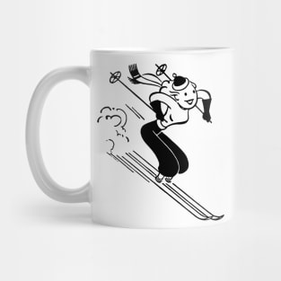 Vintage retro lady skier black line art drawing Mug